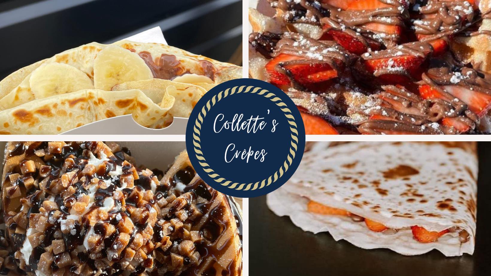 Collette's Crepes Logo is four pictures of crepes with different toppings