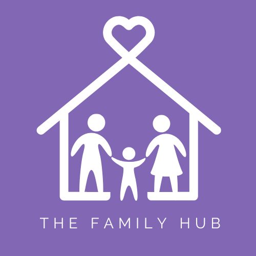The Happy Mama Hub Logo, a purple background with a line drawing of a house with a love heart and two parents holding the hand of a child